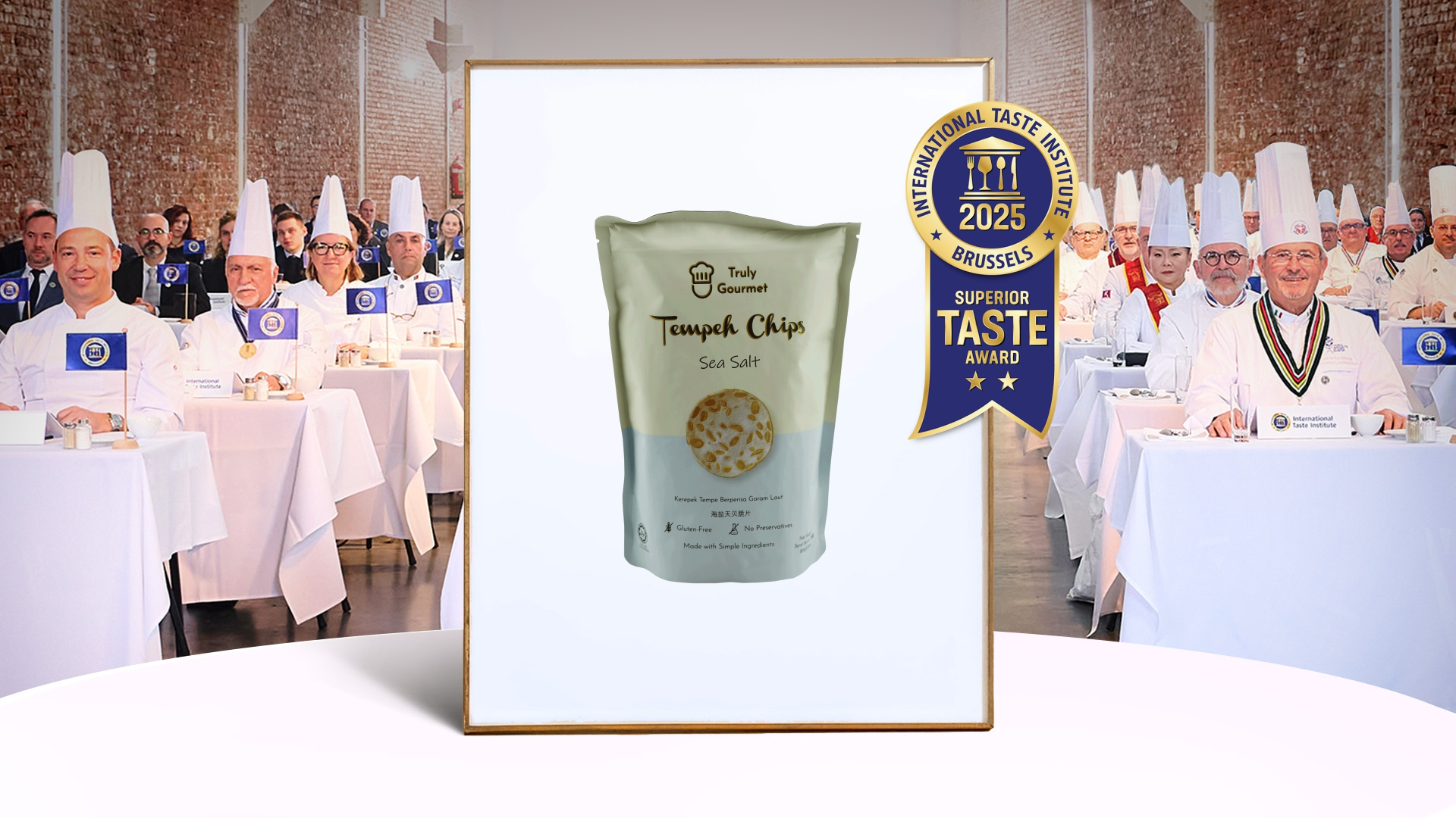 Truly Gourmet Sea Salt Tempeh Chips in packaging – vegan, halal-certified, award-winning snack